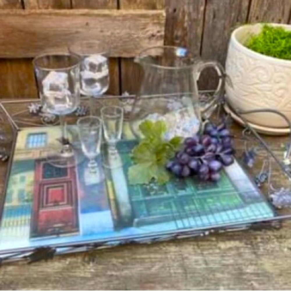 Tempered Glass Tray-Metal Combo Serving Tray-France Scene-Gift New Home Owner